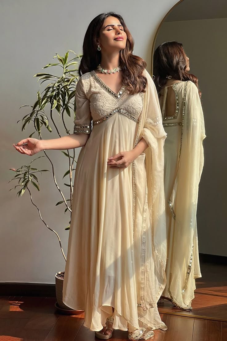 Buy Beige Georgette Embroidered Chikankari V Neck…